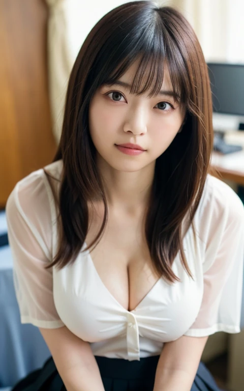 table top, highest quality, 16k, 1 girl, 16, big breasts, Raw photo, professional photography, portrait, late night office、sitting in front of the computer、soft light, professional lighting, alone, 笑face, close, face, close, cute, girly, goddess, delicate girl, pure beauty, Digital single-lens reflex camera, avert your eyes, Frank, Sophisticated, film grain, (目とfaceの詳細:1.0), long hair swaying in the wind, bangs, (A loose white see-through blouse)、(navy pleated skirt)、(big breasts:1.6)、(cleavage)、cute hanging eyes、