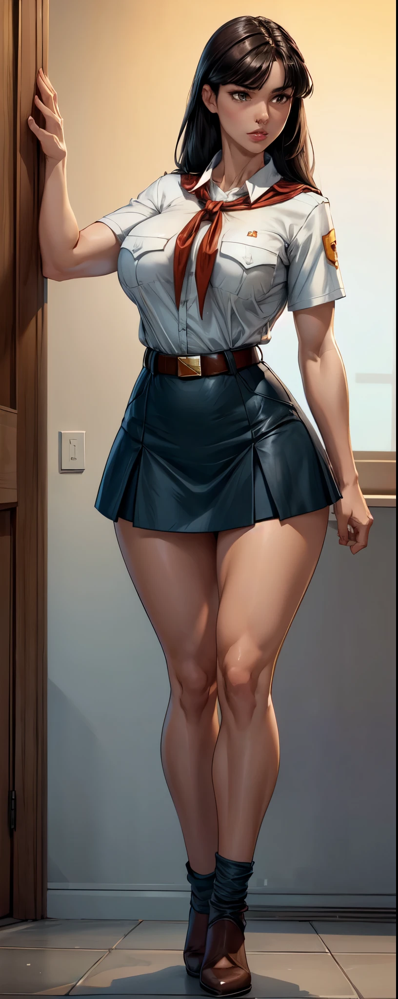 8k, high quality picture, high detailed picture, sunny day, open sky, (full body shot:1.3), tall fit girl, very long staright hair, brown with a black tint hair, smooth bangs, perfect brown eyes, neat dark eyebrows, plump lips, (pale skin:1.2), (muscular girl:1.1), strong heaps, (accurate huge breast:1.2), bursting breast, wide hips, pioneer neckerchief, tight short blue skirt, white shirt, short sleeves, collared shirt, belt, eyelashes, red neckerchief, breast pocket, nipples trough clothes
