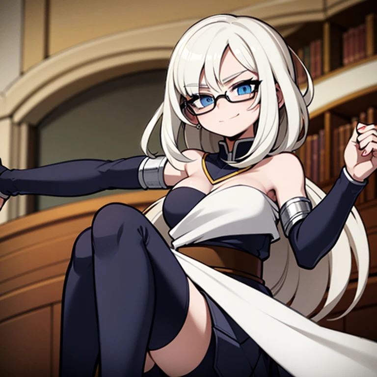 Anime, , appears to be 16 yearsody, short shoulder-length hair, layered hair, wavy hair, white hair, sky blue locks, sky blue eyes, light skin, clear glasses. personality; charismatic, empathetic, happy, serious, mysterious, strange, intelligent, flexible, sincere, honest, reliable. Boku no hero Academia style. One character, smile, she is perfect