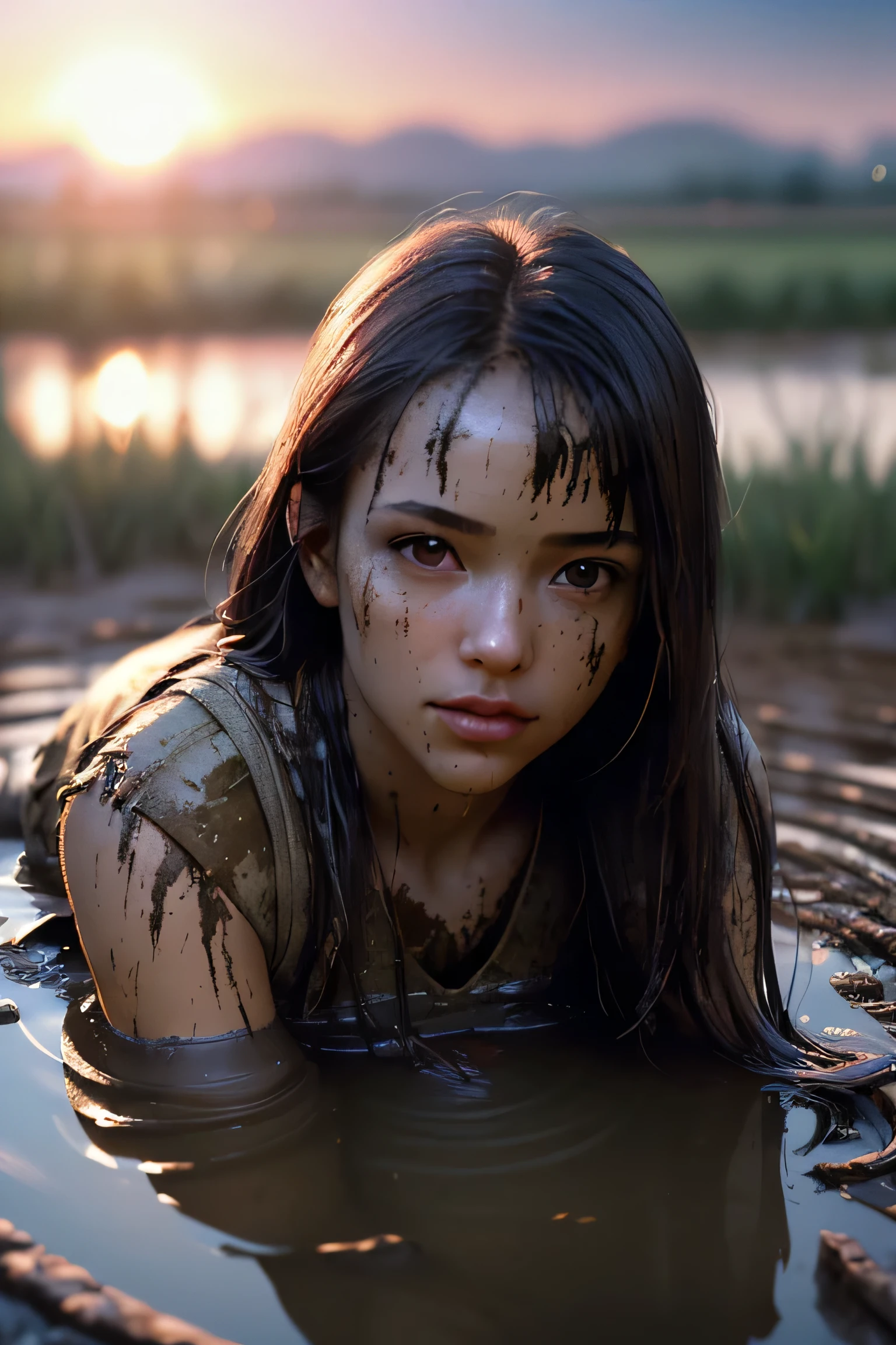 (masterpiece), (very complicated:1.3), (realistic), girl portrait, lying on her back floating on the surface of the mire, (dynamic perspective), the most beautiful in the world, (clothes covered with mud), from above, upper body, navel, outdoor, intense sunlight, distant factory group, Kure, Hiroshima, Stunning female professional photo details, sharp focus, dramatic, Award history, cinematic lighting, Octane Rendering Unreal Engine, volumetrics dtx, (film grain, blurred background, blurred foreground, Bokeh, Depth of the bounds written, sunset, motion blur:1.3)