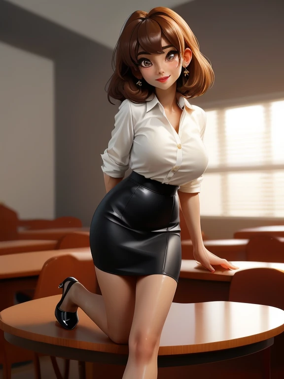 Young in innocent girl, masterpiece, ,(solo:1.1), sexy, office, heels, pencil skirt, brunette, perfect beautiful face, candid smile.