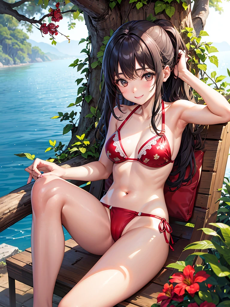 A 14 years girl sitting in top of the tree branche she is smiling looking side of the view, wreaing a bikini