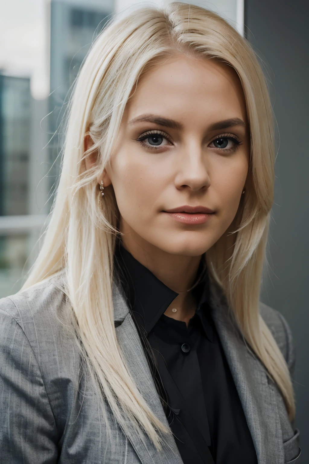 professional photo, business woman, CEO woman, platinum blonde hair, black blazzer