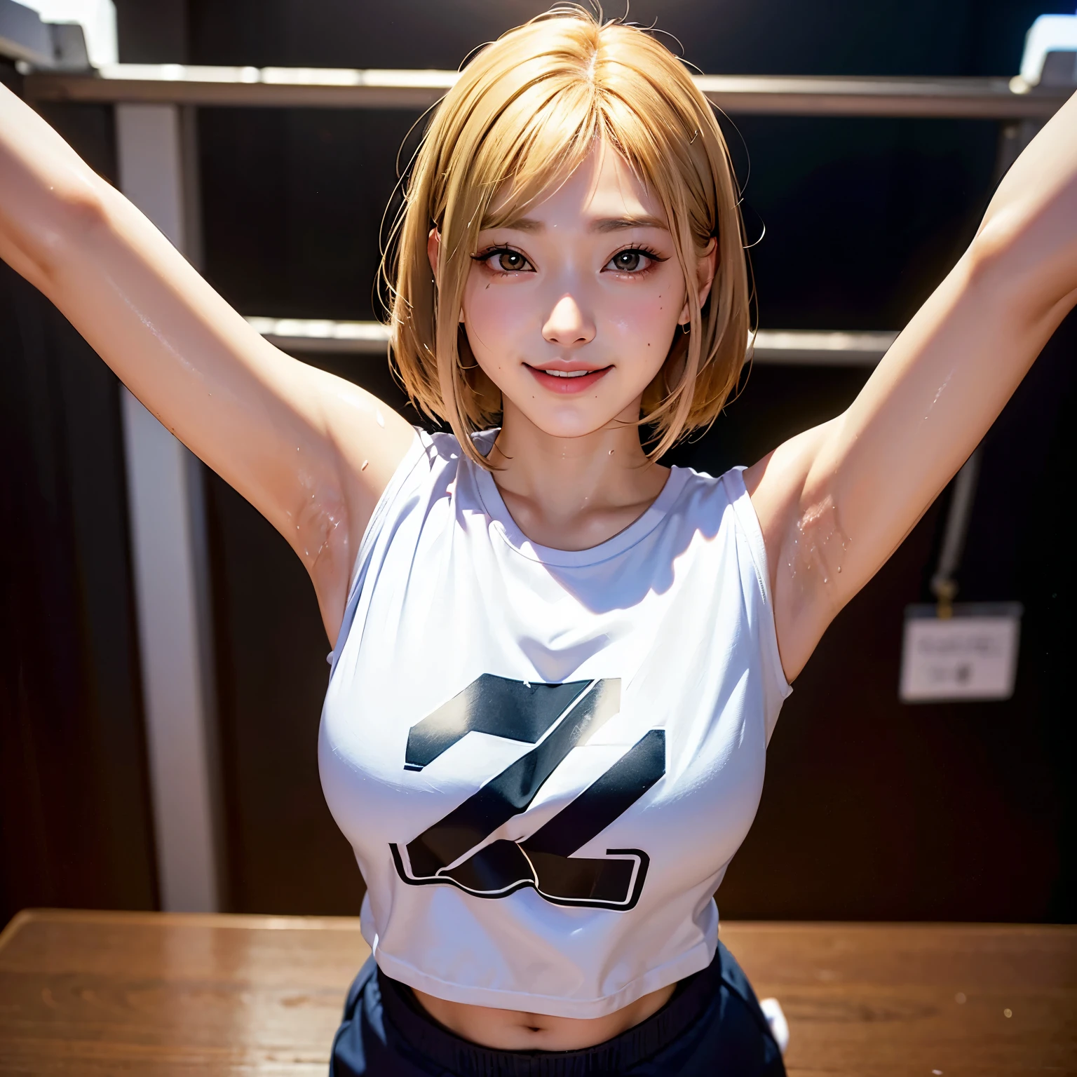人間の肌の質感のHigh resolutionの詳細、Raw photo、masterpiece、highest quality、Super detailed、High resolution、High resolution、4k portrait、8k portrait、His face and body were shining with sweat.、smile、Realistic、real person、realistic、1 japanese girl、Dancing hip hop dance、Baggy T-shirt and pants、The background is a show club、Blonde bob cut idol、high school student、cute、on lap、from diagonally above