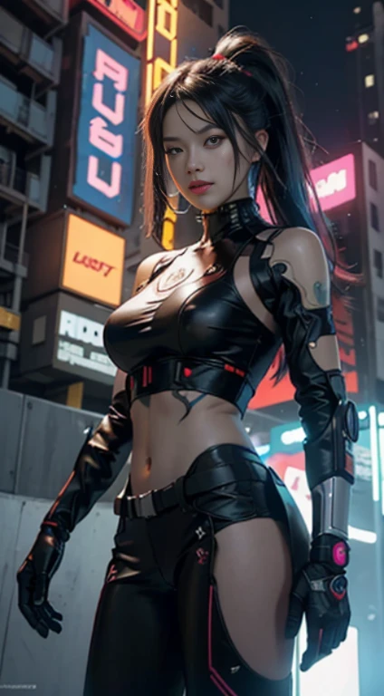 Chica cyborg cyberpunk retrofutyrista con partes de robot en el cuerpo ,cuencia avamzada todo de color negro , luces de neon rojas ,tetas enormes ,en otro planeta
