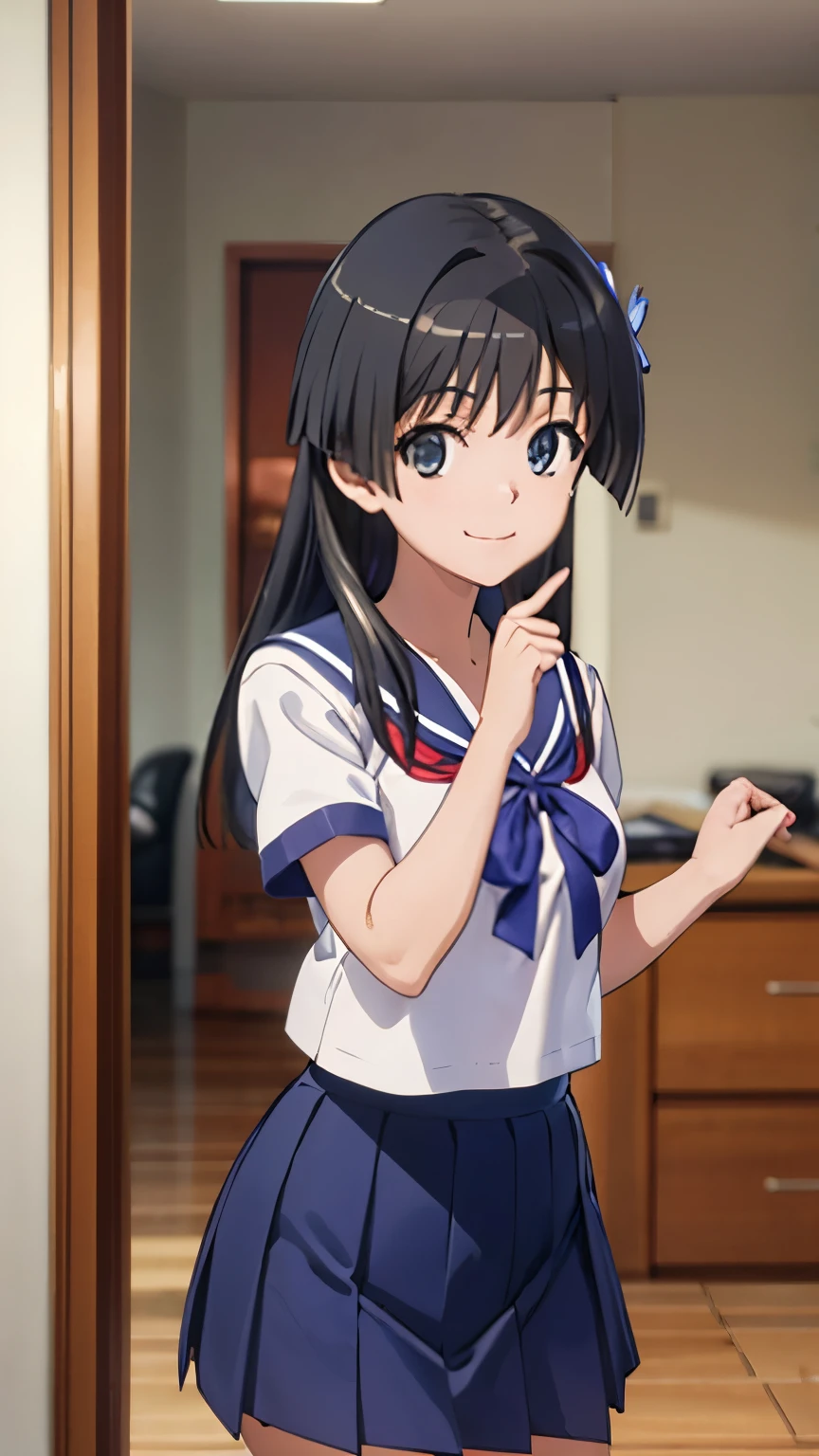 pixel perfect, Perfect in every detail, alone, 1 girl, Saten Ruiko , ,sailor suit,short sleeve,Blue ribbon,mini skirt, smile, stylish pose, stylish angle,looking at the viewer, in the center of the image,cowboy shot,