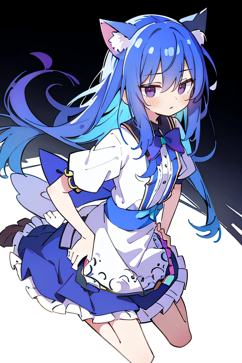 (masterpiece),best quality, expressive eyes, perfect face, 1girl,
 Put your hands on your waist,fair, Gorgeous,Japanese cartoons,girl,lola,Hina Angel, blue hair, blue haired, floating clothes,Grab your waist, Grab your waist, hands on hips , hands on hips,sit, sit on ground, Legs on the ground, flat chest,cat ears,dark blue eyes,