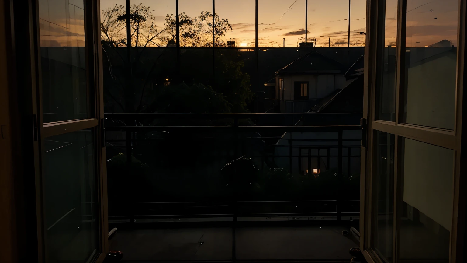 countryard, view from window 9s floor, horror, dim lighting, scary, lost hope, evening