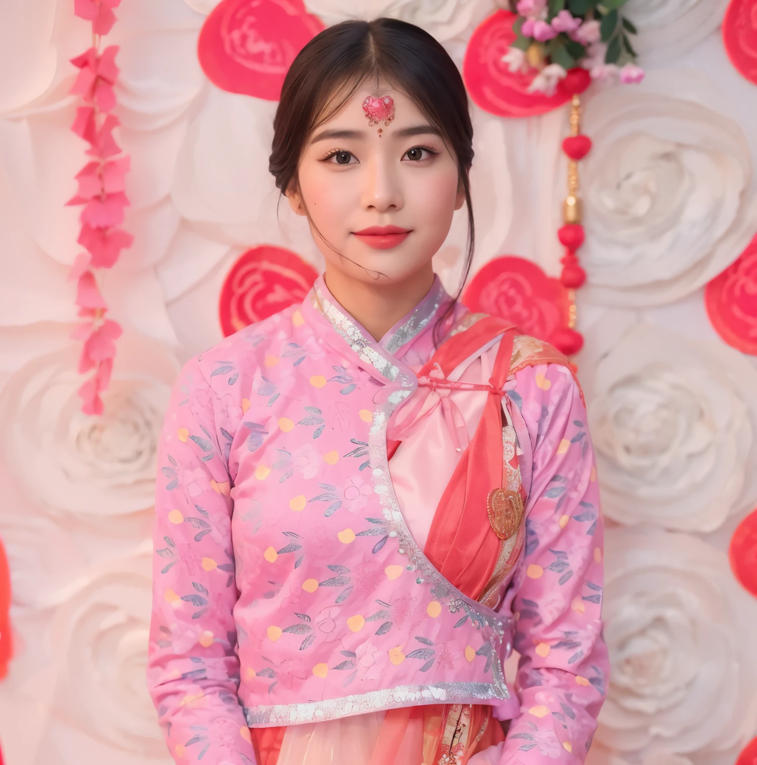 araffe girl in a pink dress holding a heart shaped bag, traditional tai costume, traditional chinese clothing, beautiful young himalayan woman, traditional dress, a young asian woman, chinese girl, traditional chinese, beautiful himalayan woman, traditional clothes, chinese woman, young himalayan woman, with acient chinese clothes, chinese costume, inspired by Lü Ji, inspired by Huang Ji