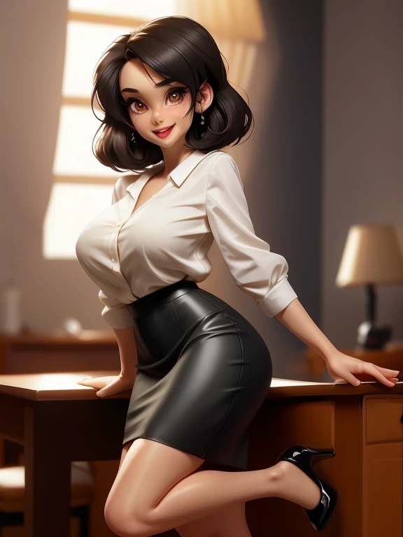 Young in innocent girl, masterpiece, ,(solo:1.1), sexy, office, heels, pencil skirt, brunette, black hair, perfect beautiful face, big candid smile, open mouth.