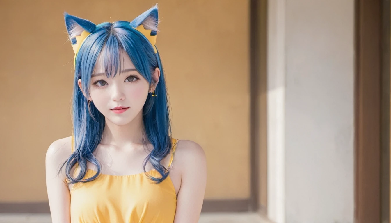 (1girl)、Cat ear、blue hair、golden eyes、Girl playing pop songs、Warm-colored dress、Fluttery clothing、Spin around