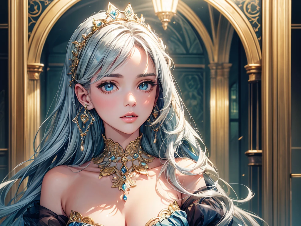 (best quality, high resolution, masterpiece:1.2), Super detailed, Beautiful and delicate lake green eyes, Beautiful and delicate lips, extremely detailed face, super long hair, 1 girl, royal members, Beautiful girl with golden beige hair, (Wearing a royal blue royal costume), see-through chiffon platinum shawl, (gold ornaments), golden and silver pattern, (light blue pattern), (complex pattern:0.5), Lovely, attractive, portrait, delicate eyes, Luminous earrings, Reflective pupil, royal clothing design, see-through detail clothing design, (empty:0.7), chiffon, (see-through chiffon), (lace:0.7), black gloves, Diamond choker, Diamond ring, Diamond hairpin, medieval european castle, Super high quality skin, Real skin texture, super high detail, anime, Realism, 8K, UHD, ccurate