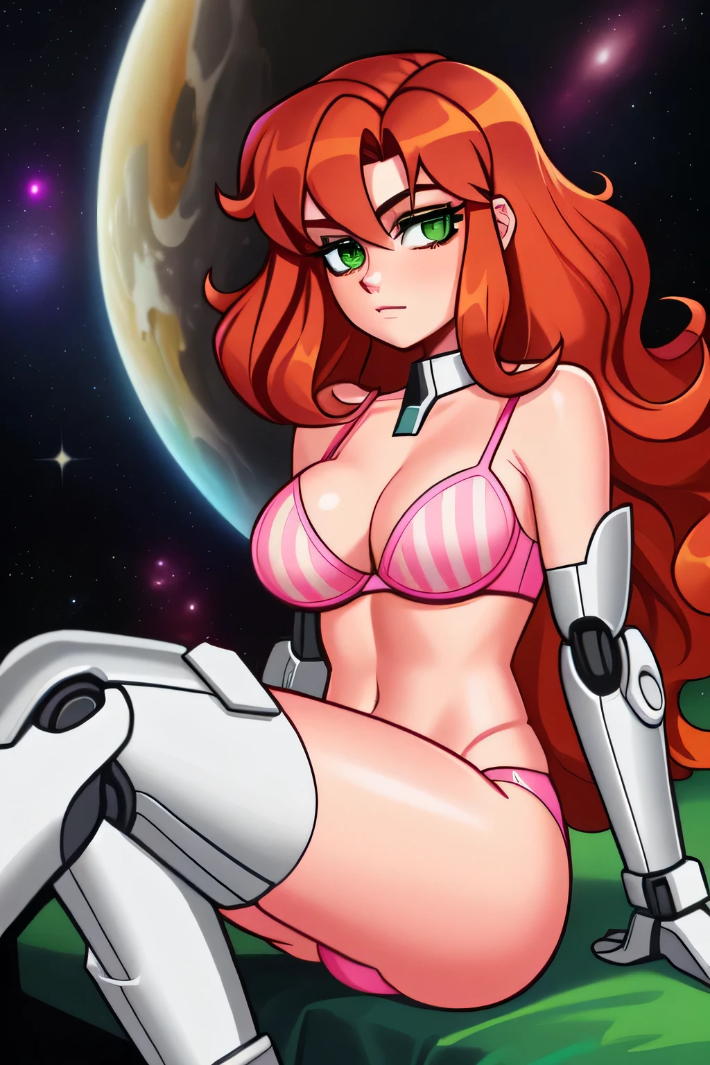 A teenage girl with an extra large chest, wavy orange hair, soft waves, long, her green eyes, and she wears a pink striped bra with a silver line, her metallic pink panties, and wearing a protective base arm and legs, a gray robotic boot, space. 