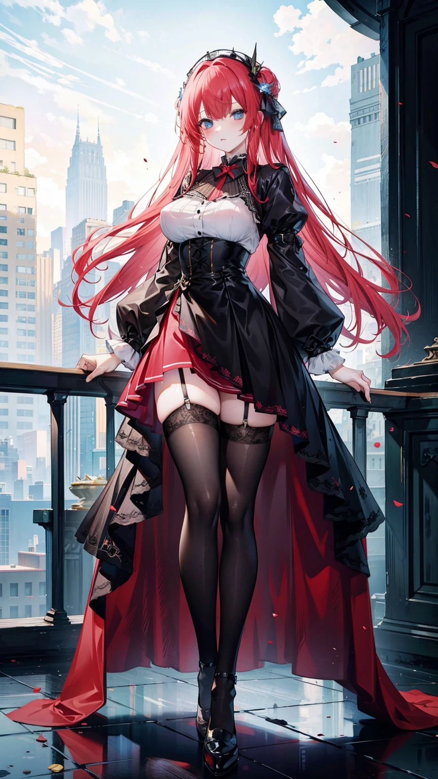 (masterpiece, top quality, best quality, official art, beautiful and aesthetic:1.2), 8k, (best quality, masterpiece:1.3), full body, (large breasts:1.2), very long hair, (black thighhighs:1.5), high heels, (long dress:1.4), corset, garter belts, red hair, tall girl,
