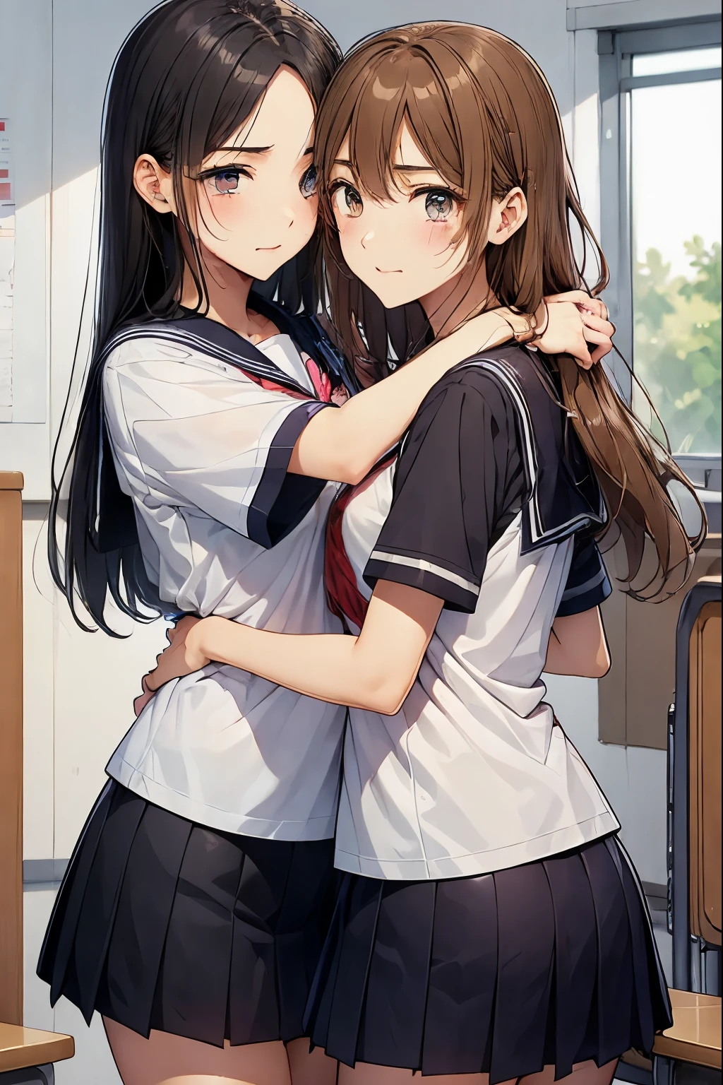 Two high school girls crying and hugging each other in a classroom、sad expression、tears、