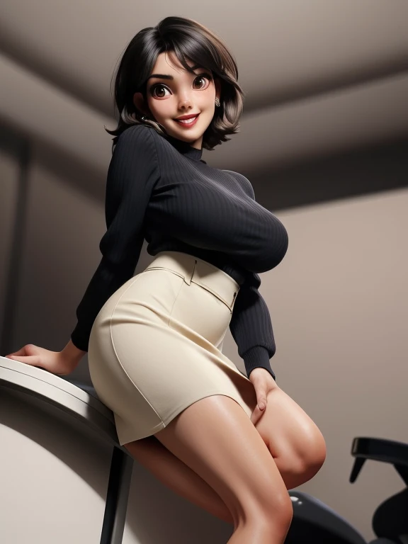 Young in innocent girl, masterpiece, ,(solo:1.1), sexy, office, heels, pencil skirt, brunette, black hair, perfect beautiful face, big candid smile, open mouth.