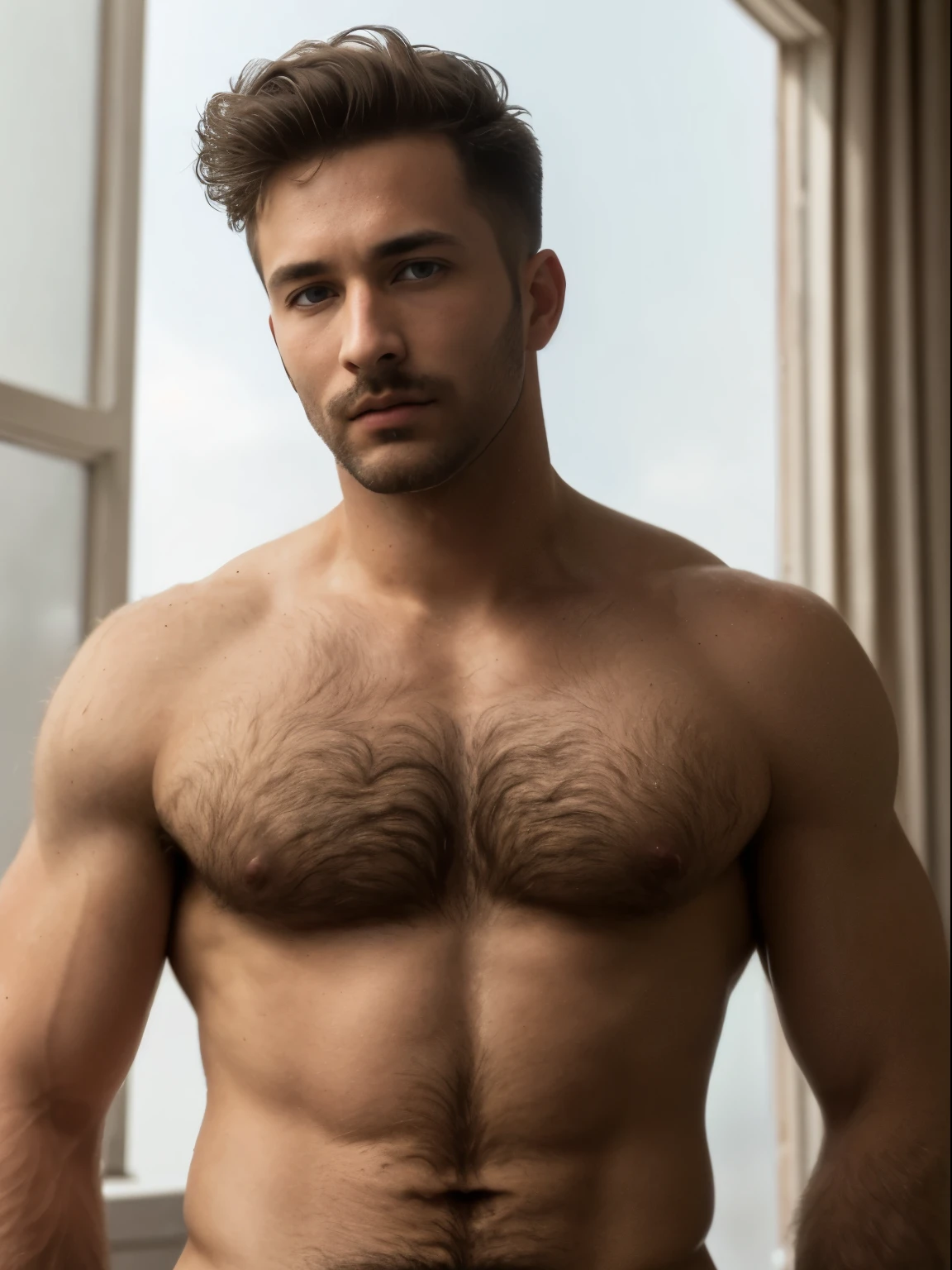 masterpiece, best quality, high resolution, closeup portrait, male focus, solo focus, A man, 35 years old, with military clothes, soldier, blonde bleached hair, messy hairstyle, cute and seductive face, bare chest, body hair, facial hair, roman nose, very skinny body, hairy legs, dimples, beard, bold jawline , in the background a millitary camp and other soldiers, view from below, amazing composition, front view, HDR, ultra quality, elegant, highly detailed, fully naked, erect male penis, beautiful penis, male genitalia, hard penis, hard cock