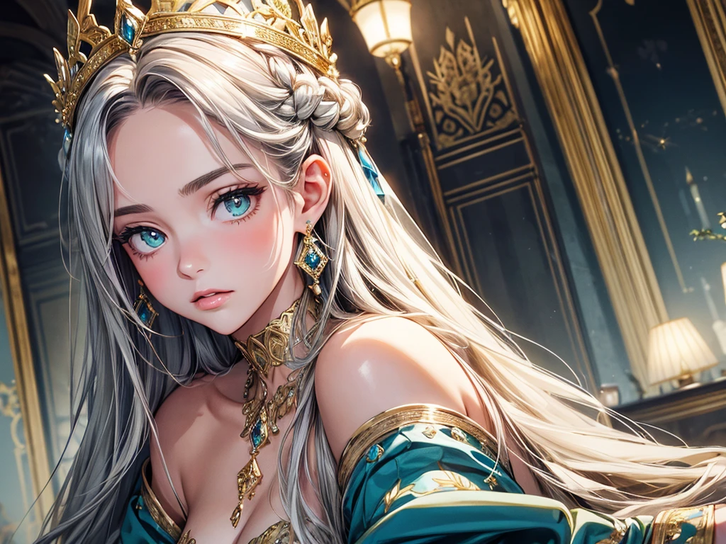 (best quality, high resolution, masterpiece:1.2), Super detailed, Beautiful and delicate lake green eyes, Beautiful and delicate lips, extremely detailed face, super long hair, 1 girl, royal members, Beautiful girl with golden beige hair, (Wearing a royal blue royal costume), see-through chiffon platinum shawl, (gold ornaments), golden and silver pattern, (light blue pattern), (complex pattern:0.5), Lovely, attractive, portrait, delicate eyes, Luminous earrings, Reflective pupil, royal clothing design, see-through detail clothing design, (empty:0.7), chiffon, (see-through chiffon), (lace:0.7), black gloves, Diamond choker, Diamond ring, Diamond hairpin, medieval european castle, Super high quality skin, Real skin texture, super high detail, anime, Realism, 8K, UHD, ccurate