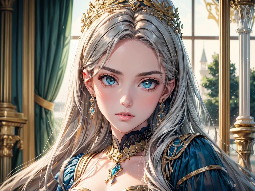 (best quality, high resolution, masterpiece:1.2), Super detailed, Beautiful and delicate lake green eyes, Beautiful and delicate lips, extremely detailed face, super long hair, 1 girl, royal members, Beautiful girl with golden beige hair, (Wearing a royal blue royal costume), see-through chiffon platinum shawl, (gold ornaments), golden and silver pattern, (light blue pattern), (complex pattern:0.5), Lovely, attractive, portrait, delicate eyes, Luminous earrings, Reflective pupil, royal clothing design, see-through detail clothing design, (empty:0.7), chiffon, (see-through chiffon), (lace:0.7), black gloves, Diamond choker, Diamond ring, Diamond hairpin, medieval european castle, Super high quality skin, Real skin texture, super high detail, anime, Realism, 8K, UHD, ccurate