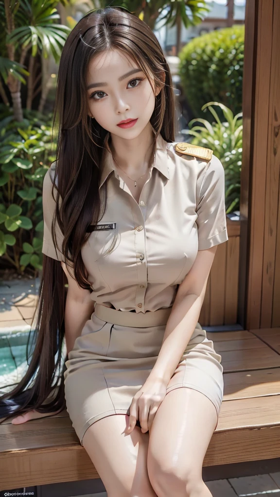Khaki suit, khaki civil servant, Thai teacher uniform:1.3, สาวสวยผมlongเป็นพิเศษ, ผมlongสองเมตร, long hair that catches the eye, ผมlongสีดำ, ผมของเธอlongมาก., long, shiny hair, long, thick, Soft and smooth hair, ผมlongเป็นพิเศษ, Dynamic posts, like full body, Short sleeve shirtสีกากี, Short pencil skirtสีกากี, side cut, Decorated with military insignia.., black high heels, The sexiest, small waist, hips raised, small thighs, long legs, big breastsโต, big breasts:1.5, big breast, Very big breasts, eye-catching breasts, Big breasts see through shirt, Not all coverage, big breast, big breast, Big D, สาวผมlongสองเมตร, Beautiful face, red lips, Very shiny, แต่งBeautiful face, Military rank insignia, Short pencil skirt, tight, Short sleeve shirt, tight fitting, in the background, blurred garden.