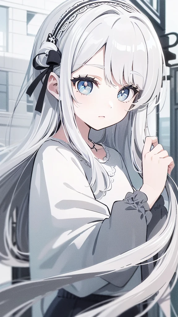 ((masterpiece, best quality))++, Detail lights+,  detail hair+, Detail hand+ ,1 girl, long gray hair,   dark blue eyes,  beautiful eyes, Young gray hair,,(beautiful white hair:1.5),(beautiful eyes),    high resolution+,   ，  Glass tones, Reflective eyeanyery detail wallpaper, The original, ,Headband ，Nature，Beautiful aurora，single ponytail，city street