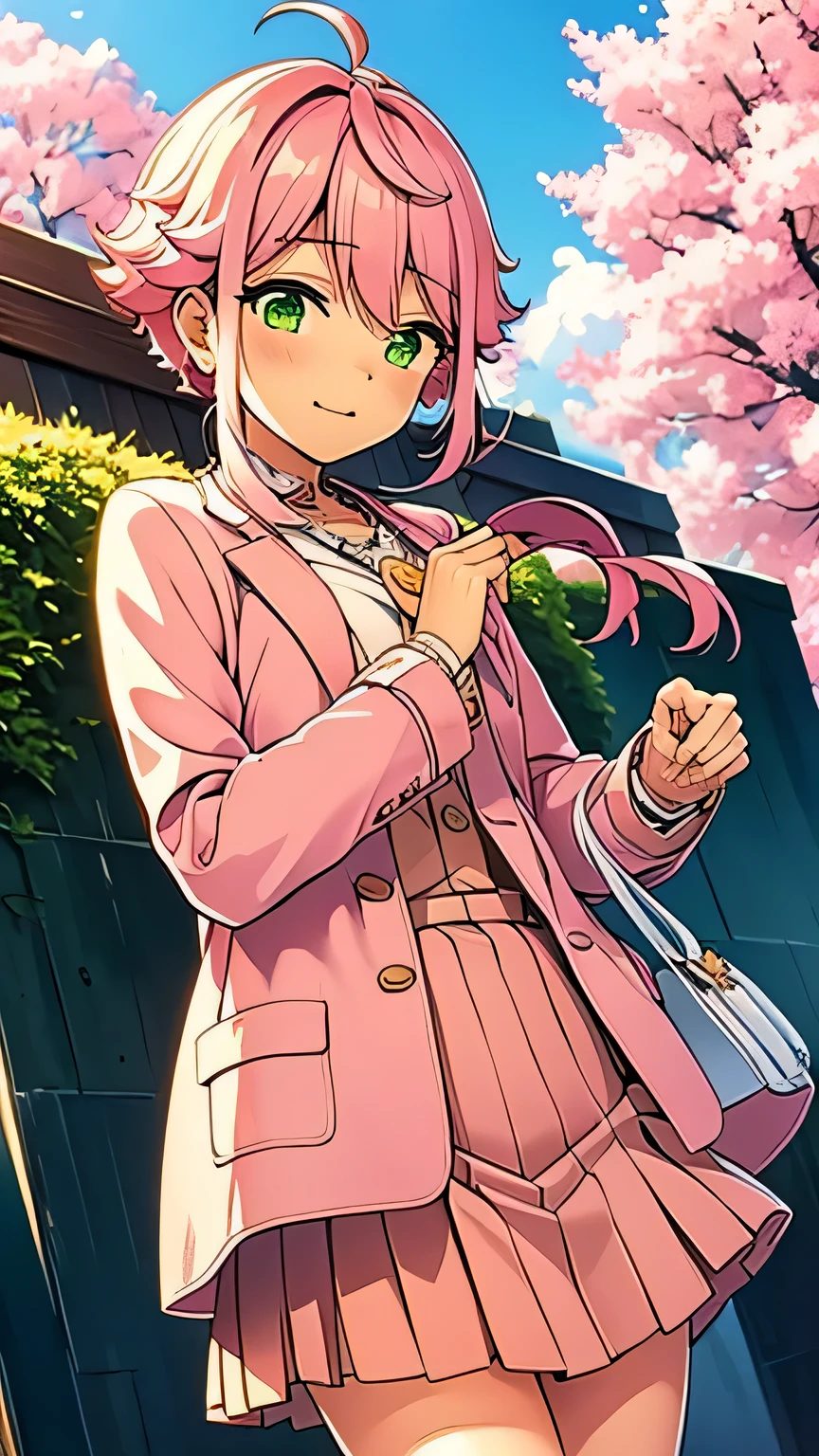 32k, best quality, ultra high res, HDR, UHD, extremely detailed CG, unity 32k wallpaper, solo, closed mouth, standing, flower, outdoors, sky, cloud, tree, petals, floating hair, cherry blossoms, pink flower, (white sailor suit), Female((18year old)), hair((short, pink)), eyes((puppy eyes, green eyes))