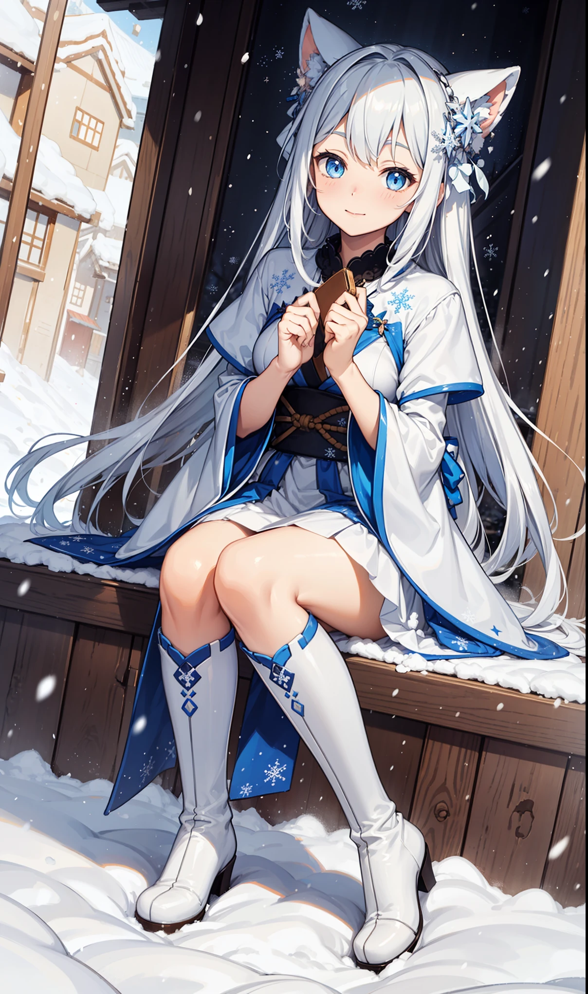 saints，Attractions，having fun，in love，(Western magic white dress)，silver hair，blue eyes，Suitable for transparent clothes，Decoration of saints，Sky blue cloth，Snowflake pattern，Sky blue pattern，snowy night，Transparent lace，exquisite clothing，sitting position，the only person，Japanese garden，(night:1.1)，Heavy snow，(snowflakes flying)，(Long suspender boots:1.1)，Exquisite and beautiful face，sitting position，Playing with the snow