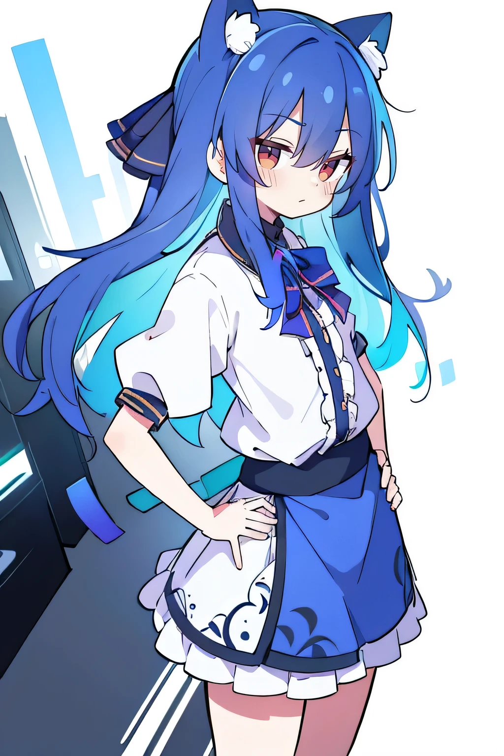 (masterpiece),best quality, expressive eyes, perfect face, 1girl,
Put your hands on your waist,fair, Gorgeous,Japanese cartoons,girl,lola,Hina Angel, blue hair, blue haired, floating clothes,Grab your waist, Grab your waist, hands on hips , hands on hips,sit, sit on ground, Legs on the ground, flat chest,cat ears,dark blue eyes,