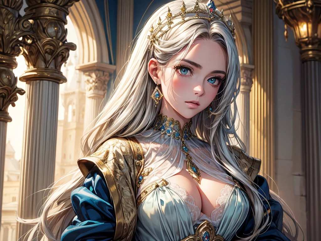 (best quality, high resolution, masterpiece:1.2), Super detailed, Beautiful and delicate lake green eyes, Beautiful and delicate lips, extremely detailed face, super long hair, 1 girl, royal members, Beautiful girl with golden beige hair, (Wearing a royal blue royal costume), see-through chiffon platinum shawl, (gold ornaments), golden and silver pattern, (light blue pattern), (complex pattern:0.5), Lovely, attractive, portrait, delicate eyes, Luminous earrings, Reflective pupil, royal clothing design, see-through detail clothing design, (empty:0.7), chiffon, (see-through chiffon), (lace:0.7), black gloves, Diamond choker, Diamond ring, Diamond hairpin, medieval european castle, Super high quality skin, Real skin texture, super high detail, anime, Realism, 8K, UHD, ccurate
