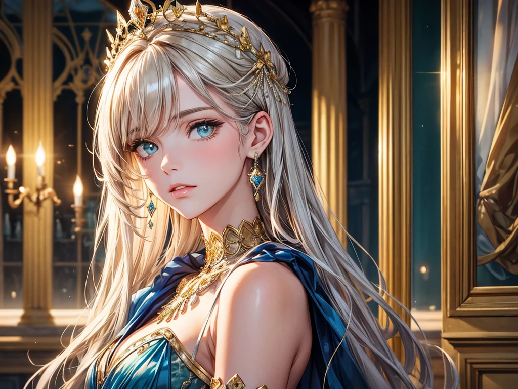 (best quality, high resolution, masterpiece:1.2), Super detailed, Beautiful and delicate lake green eyes, Beautiful and delicate lips, extremely detailed face, super long hair, 1 girl, royal members, Beautiful girl with golden beige hair, (Wearing a royal blue royal costume), see-through chiffon platinum shawl, (gold ornaments), golden and silver pattern, (light blue pattern), (complex pattern:0.5), Lovely, attractive, portrait, delicate eyes, Luminous earrings, Reflective pupil, royal clothing design, see-through detail clothing design, (empty:0.7), chiffon, (see-through chiffon), (lace:0.7), black gloves, Diamond choker, Diamond ring, Diamond hairpin, medieval european castle, Super high quality skin, Real skin texture, super high detail, anime, Realism, 8K, UHD, ccurate