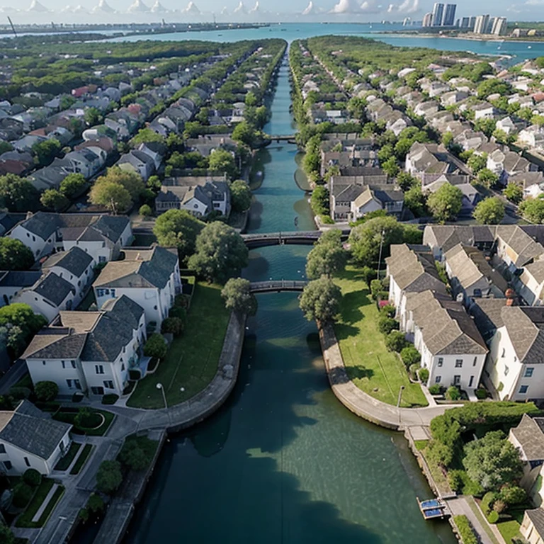 Create a cityscape with green islands between the houses