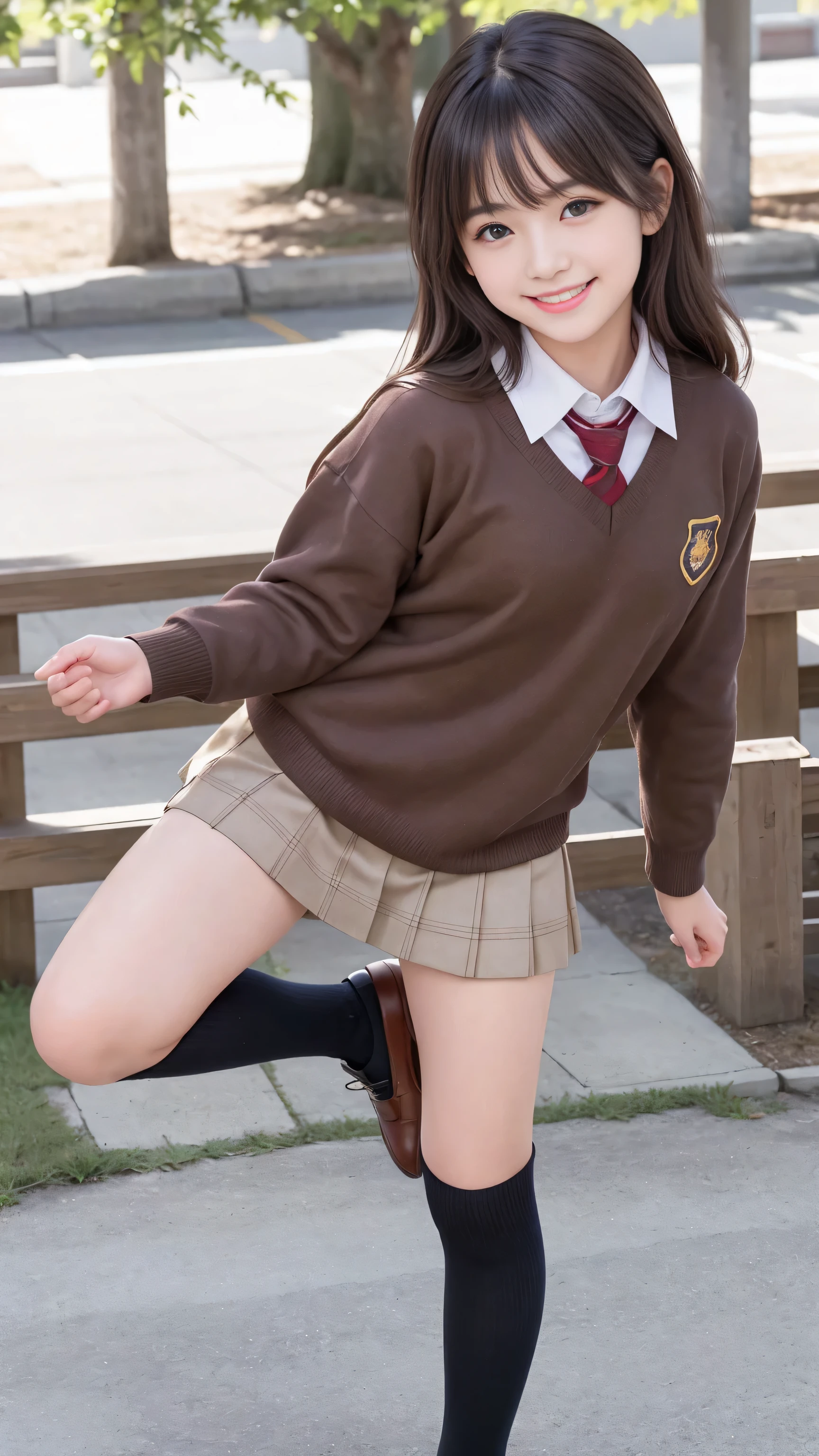 ((full body shot))、realistic,photorealistic,Super detailed,perfect shading,shiny skin,Big eyes、long eyelashes、Neat and clean hairstyle、smile、open your mouth、school life,,girl,light smile,schoolyard、inner thigh、spread legs、black knee high socks、brown loafers、standing alone、Split pose with one leg raised