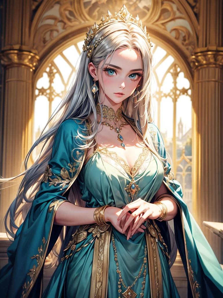(best quality, high resolution, masterpiece:1.2), Super detailed, Beautiful and delicate lake green eyes, Beautiful and delicate lips, extremely detailed face, super long hair, 1 girl, royal members, Beautiful girl with golden beige hair, (Wearing a royal blue royal costume), see-through chiffon platinum shawl, (gold ornaments), golden and silver pattern, (light blue pattern), (complex pattern:0.5), Lovely, attractive, portrait, delicate eyes, Luminous earrings, Reflective pupil, royal clothing design, see-through detail clothing design, (empty:0.7), chiffon, (see-through chiffon), (lace:0.7), black gloves, Diamond choker, Diamond ring, Diamond hairpin, medieval european castle, Super high quality skin, Real skin texture, super high detail, anime, Realism, 8K, UHD, ccurate