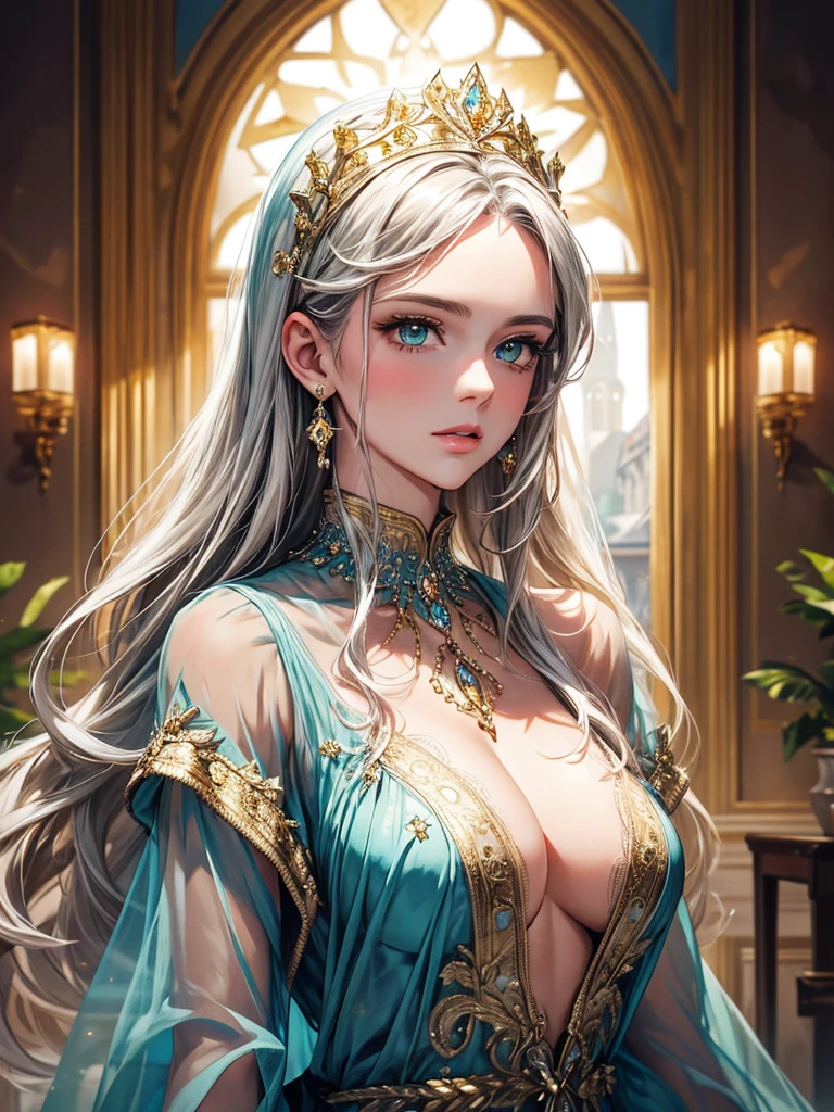 (best quality, high resolution, masterpiece:1.2), Super detailed, Beautiful and delicate lake green eyes, Beautiful and delicate lips, extremely detailed face, super long hair, 1 girl, royal members, Beautiful girl with golden beige hair, (Wearing a royal blue royal costume), see-through chiffon platinum shawl, (gold ornaments), golden and silver pattern, (light blue pattern), (complex pattern:0.5), Lovely, attractive, portrait, delicate eyes, Luminous earrings, Reflective pupil, royal clothing design, see-through detail clothing design, (empty:0.7), chiffon, (see-through chiffon), (lace:0.7), black gloves, Diamond choker, Diamond ring, Diamond hairpin, medieval european castle, Super high quality skin, Real skin texture, super high detail, anime, Realism, 8K, UHD, ccurate