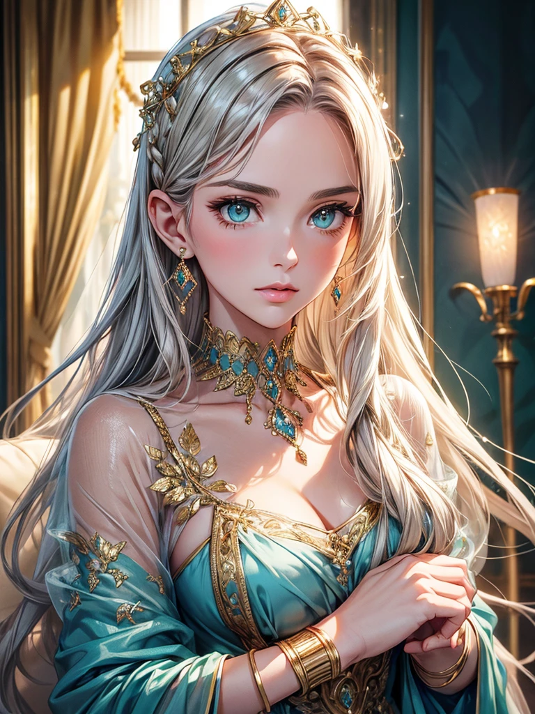 (best quality, high resolution, masterpiece:1.2), Super detailed, Beautiful and delicate lake green eyes, Beautiful and delicate lips, extremely detailed face, super long hair, 1 girl, royal members, Beautiful girl with golden beige hair, (Wearing a royal blue royal costume), see-through chiffon platinum shawl, (gold ornaments), golden and silver pattern, (light blue pattern), (complex pattern:0.5), Lovely, attractive, portrait, delicate eyes, Luminous earrings, Reflective pupil, royal clothing design, see-through detail clothing design, (empty:0.7), chiffon, (see-through chiffon), (lace:0.7), black gloves, Diamond choker, Diamond ring, Diamond hairpin, medieval european castle, Super high quality skin, Real skin texture, super high detail, anime, Realism, 8K, UHD, ccurate