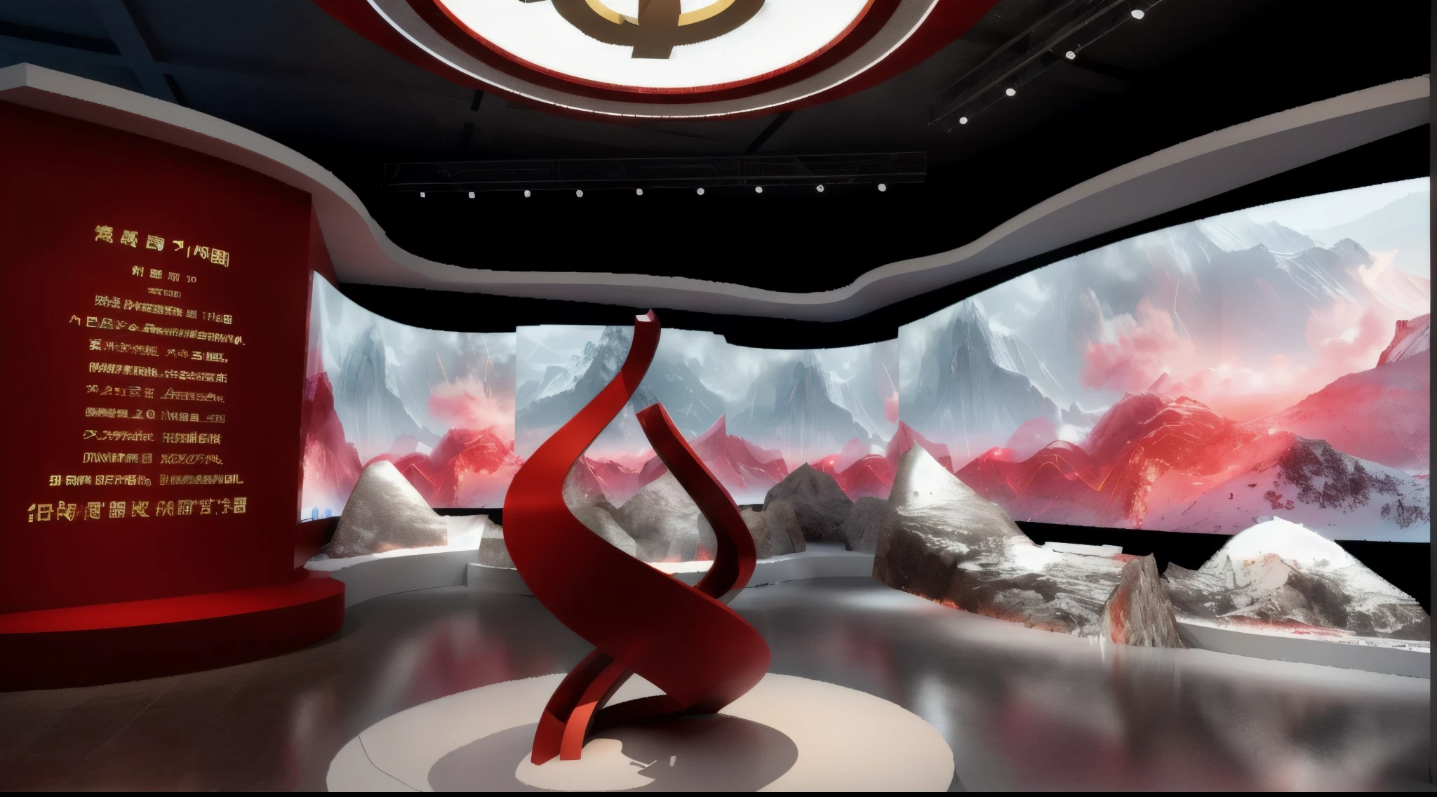  The 3D effect, digital showroom design, interactive screen and red metal sculpture are located in the centre of the space. The background wall is covered with holograms of snow-capped mountains and clouds. An LED display on one side shows Chinese characters about air quality data. There is also a round table in front for a few people to sit at. The whole scene is historical and solemn. Surrealism, Unreal Engine 5, High Resolution 