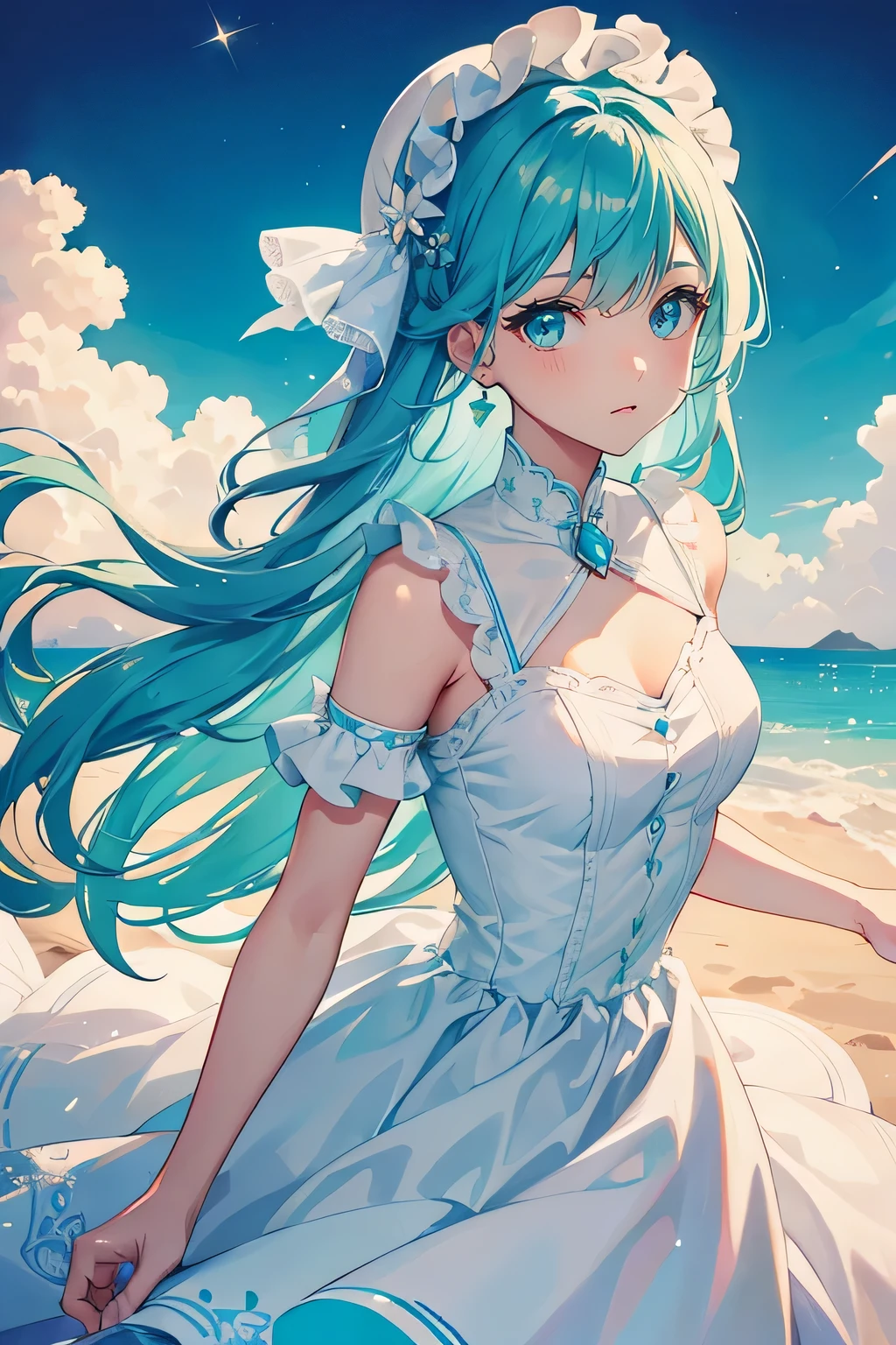 girls, cyan hair, cyan eyes, white dress, detailed eyes, normal hand, magical background, full body, top quality