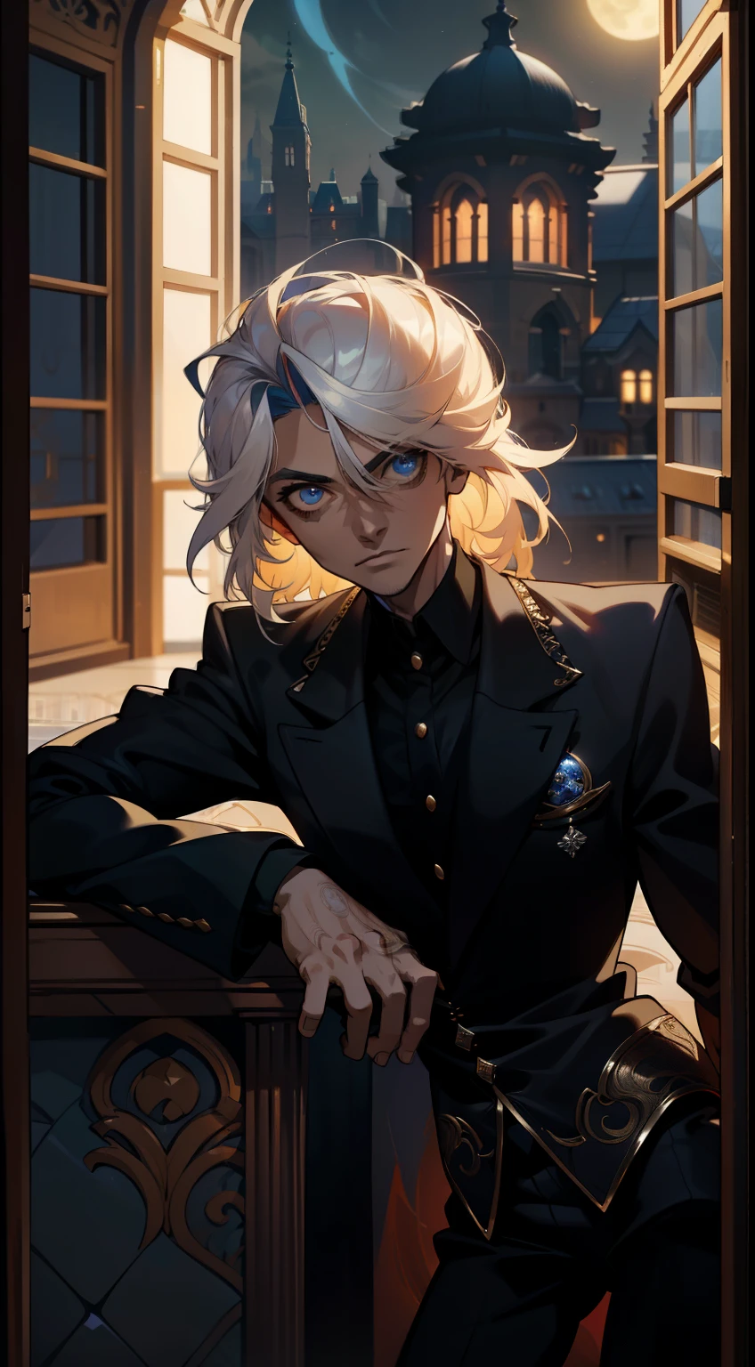 1 hombre,solo,40 years,cara seria,traje de maestro, pelo negro oscuro,pelo largo, DRAGON WINGS,brazos cruzados,blue eyes,parado frente a una ventana, ciudad de noche