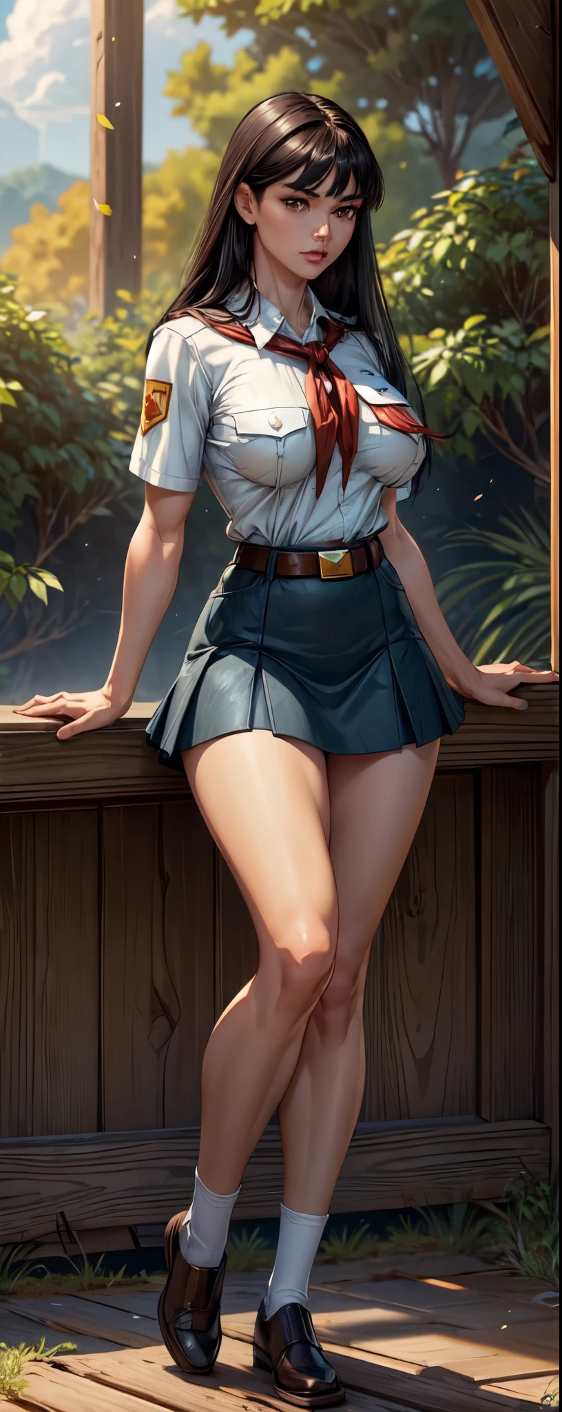 8k, high quality picture, high detailed picture, sunny day, open sky, (full body shot:1.3), tall fit girl, very long staright hair, brown with a black tint hair, smooth bangs, perfect brown eyes, neat dark eyebrows, plump lips, neat straight nose, (pale skin:1.2), (muscular girl:1.1), strong heaps, (accurate huge breast:1.2), bursting breast, wide hips, pioneer neckerchief, tight short blue skirt, white shirt, short sleeves, collared shirt, belt, eyelashes, red neckerchief, breast pocket, nipples trough clothes