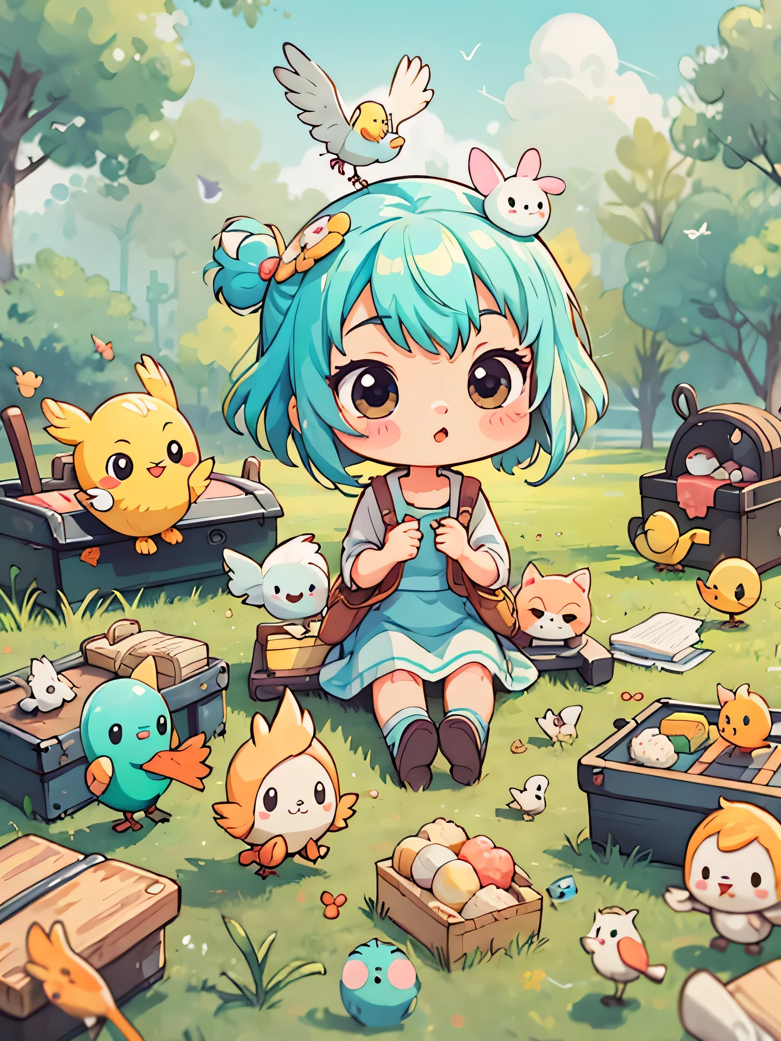 Fujio Akatsuka Style, Kawaii Design, most beautiful girl ever、Chibi, birdie、picnic