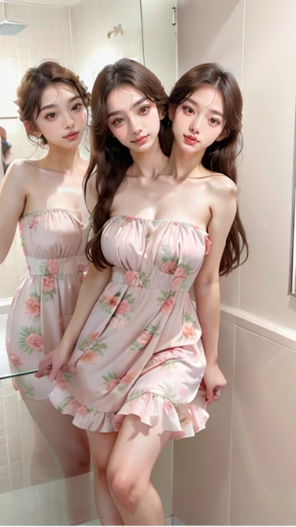 A close-up photo of three Japanese girls, Hair tied up, Bangs down, (Double eyelids), looking at the viewer, In the office, (All smiling), Highest Resolution, masterpiece, (All wearing elegant pastel-colored sheer lacy bridesmaid dress), ((All lifting up dress, and showing panties)), (All wearing earrings), (((All built-up neckline))), (((All raised neckline)))