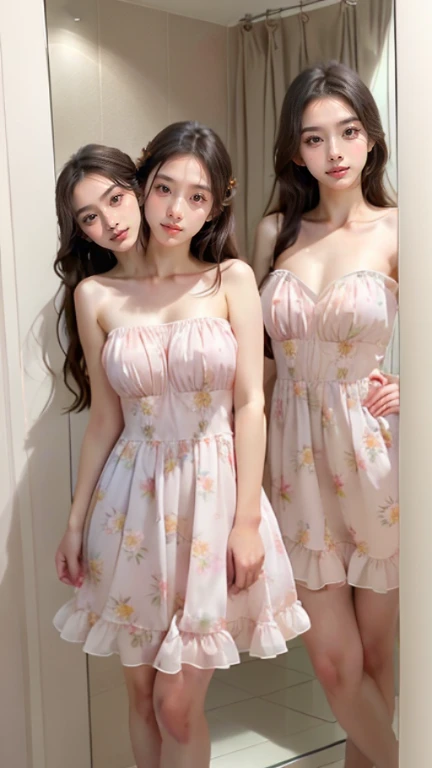 best resolution, 3 heads, Australian girl Instagram model girl three heads, 19 years old, youthful, taking a selfie in a bathroom mirror, strapless dress, wearing pink floral gown, wearing a long flowery dress, wearing a dress, wearing an elegant dress, dressed in a flower dress, in a dress, wearing dress, wearing a formal dress, profile picture, wearing in a summer dress, beautiful silky dress, young woman in a dress, college girls, Instagram model, women full body, thicc, braided hair, blonde hair, red hair, black hair, different hair colors, mid body shot, full body wide shot 