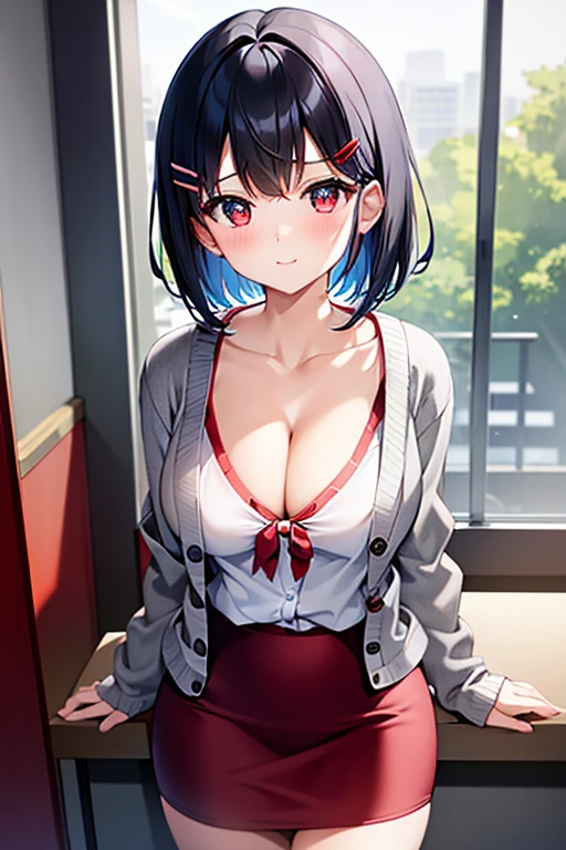 NFSW、masterpiece、Highest image quality、ultra high resolution、Medium-sized elementary school girl、red and large eyes,、black short hair、The inside of the hair has blue coloring.、(Two red hairpins)、red face、shyly、excited、((Wear a grey cardigan))、White shirt with cleavage visible、pencil skirt