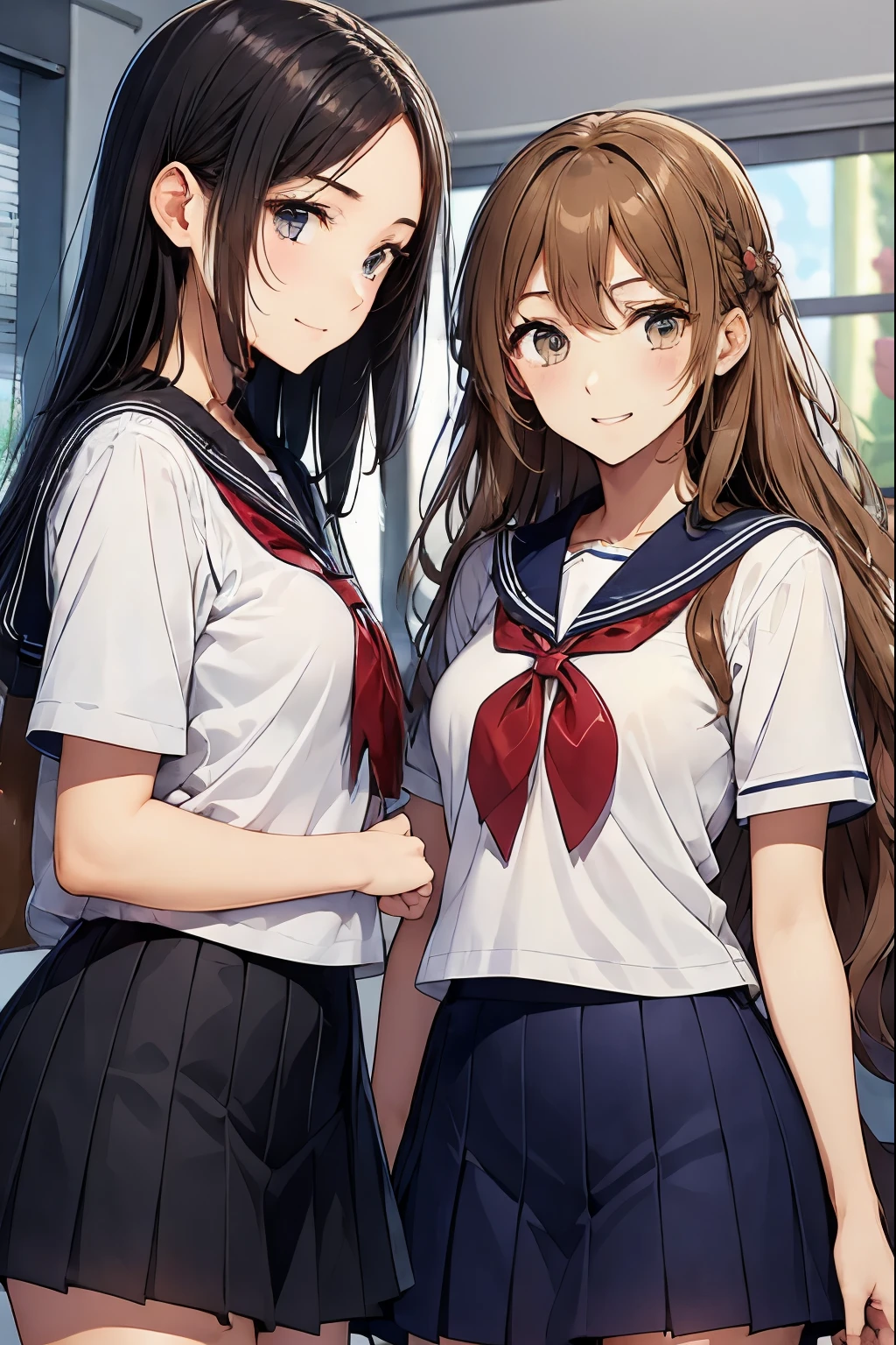Two high school girls laughing in a classroom、look away、