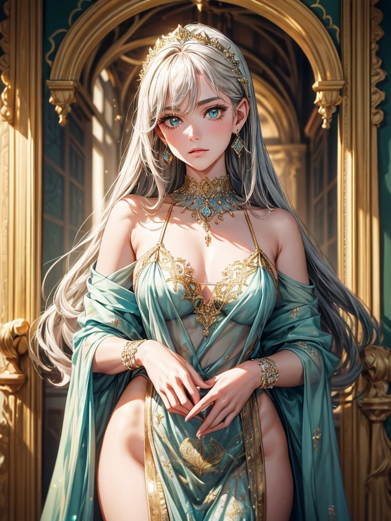 (best quality, high resolution, masterpiece:1.2), Super detailed, Beautiful and delicate lake green eyes, Beautiful and delicate lips, extremely detailed face, super long hair, 1 girl, royal members, Beautiful girl with golden beige hair, (Wearing a royal blue royal costume), see-through chiffon platinum shawl, (gold ornaments), golden and silver pattern, (light blue pattern), (complex pattern:0.5), Lovely, attractive, portrait, delicate eyes, Luminous earrings, Reflective pupil, royal clothing design, see-through detail clothing design, (empty:0.7), chiffon, (see-through chiffon), (lace:0.7), black gloves, Diamond choker, Diamond ring, Diamond hairpin, medieval european castle, Super high quality skin, Real skin texture, super high detail, anime, Realism, 8K, UHD, ccurate