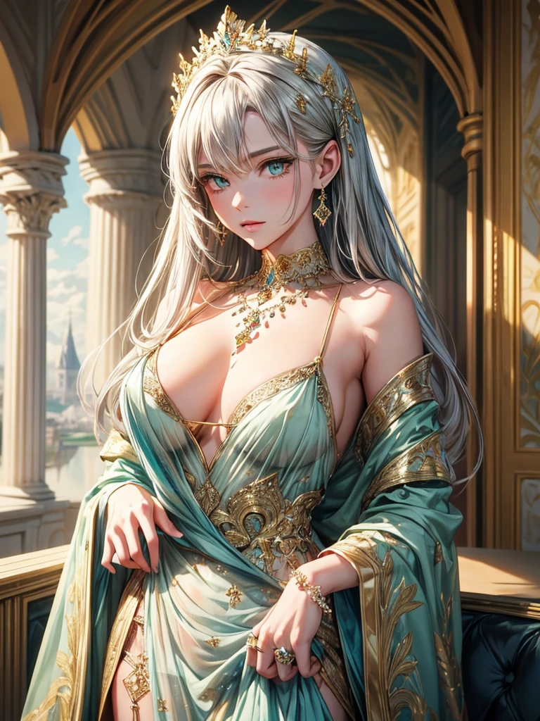 (best quality, high resolution, masterpiece:1.2), Super detailed, Beautiful and delicate lake green eyes, Beautiful and delicate lips, extremely detailed face, super long hair, 1 girl, royal members, Beautiful girl with golden beige hair, (Wearing a royal blue royal costume), see-through chiffon platinum shawl, (gold ornaments), golden and silver pattern, (light blue pattern), (complex pattern:0.5), Lovely, attractive, portrait, delicate eyes, Luminous earrings, Reflective pupil, royal clothing design, see-through detail clothing design, (empty:0.7), chiffon, (see-through chiffon), (lace:0.7), black gloves, Diamond choker, Diamond ring, Diamond hairpin, medieval european castle, Super high quality skin, Real skin texture, super high detail, anime, Realism, 8K, UHD, ccurate