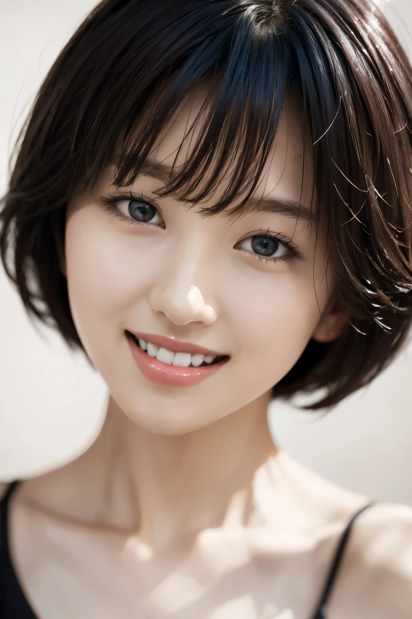 1 girl, solo, smiling, happy: 1, short bob, hair, straight bangs, looking at the viewer, brown eyes, looking at the viewer, in the studio, pure gray background, detailed skin, detailed face, studio light, parted lips, lips, bare shoulders, (black hair), (close-up), lips close-up, face close-up