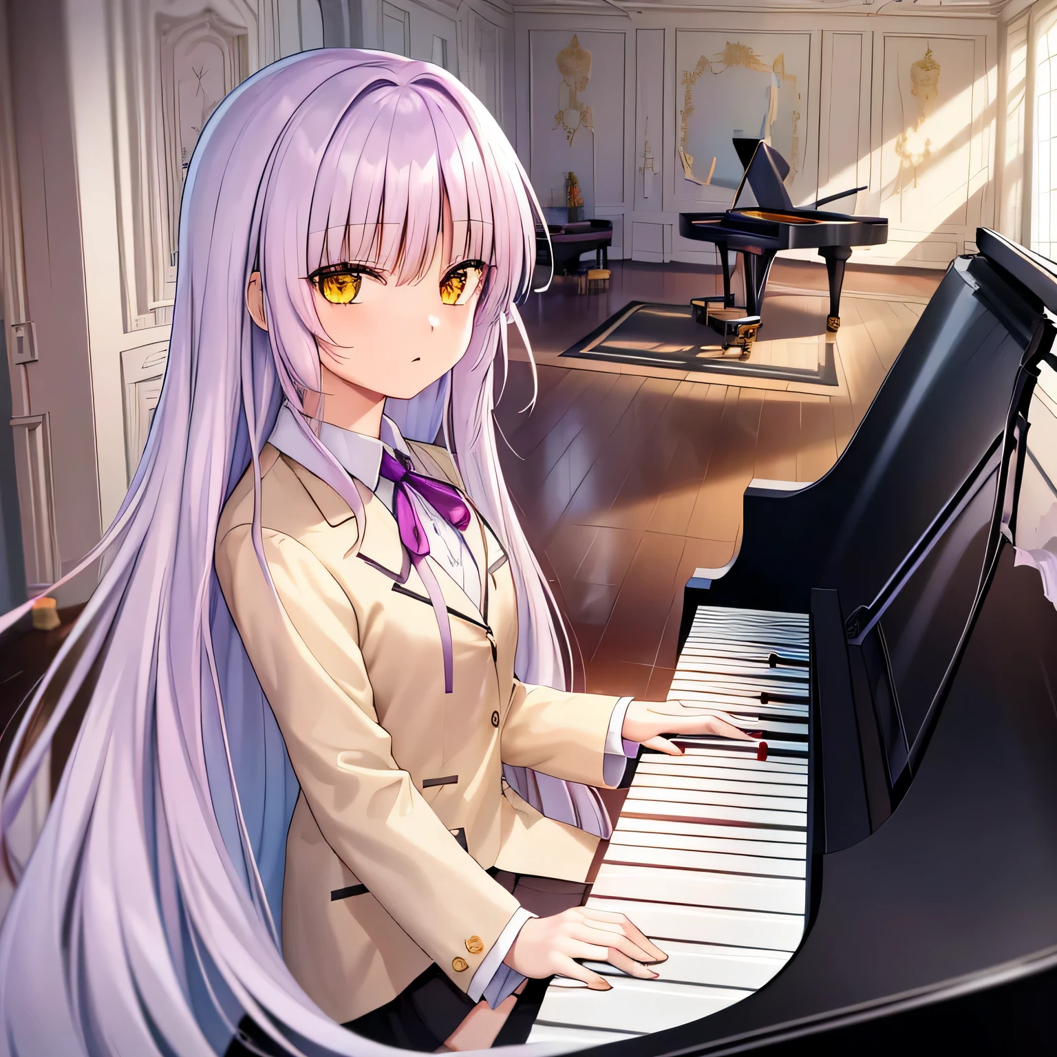 ,table top, perfect face,(dense lines:1.0), (Super detailed:1.2), (oil:0.9), (Highly detailed CG Unity 8K wallpaper:1.2),
looking at the viewer,(((music room&White Grand Piano))),(((I'm playing the piano))),
1 girl,alone,long hair,,Jacket,yellow eyes,blazer,skirt,white shoes bottom,shoes,Canadest Girl,Angel Beats!,light purple hair,