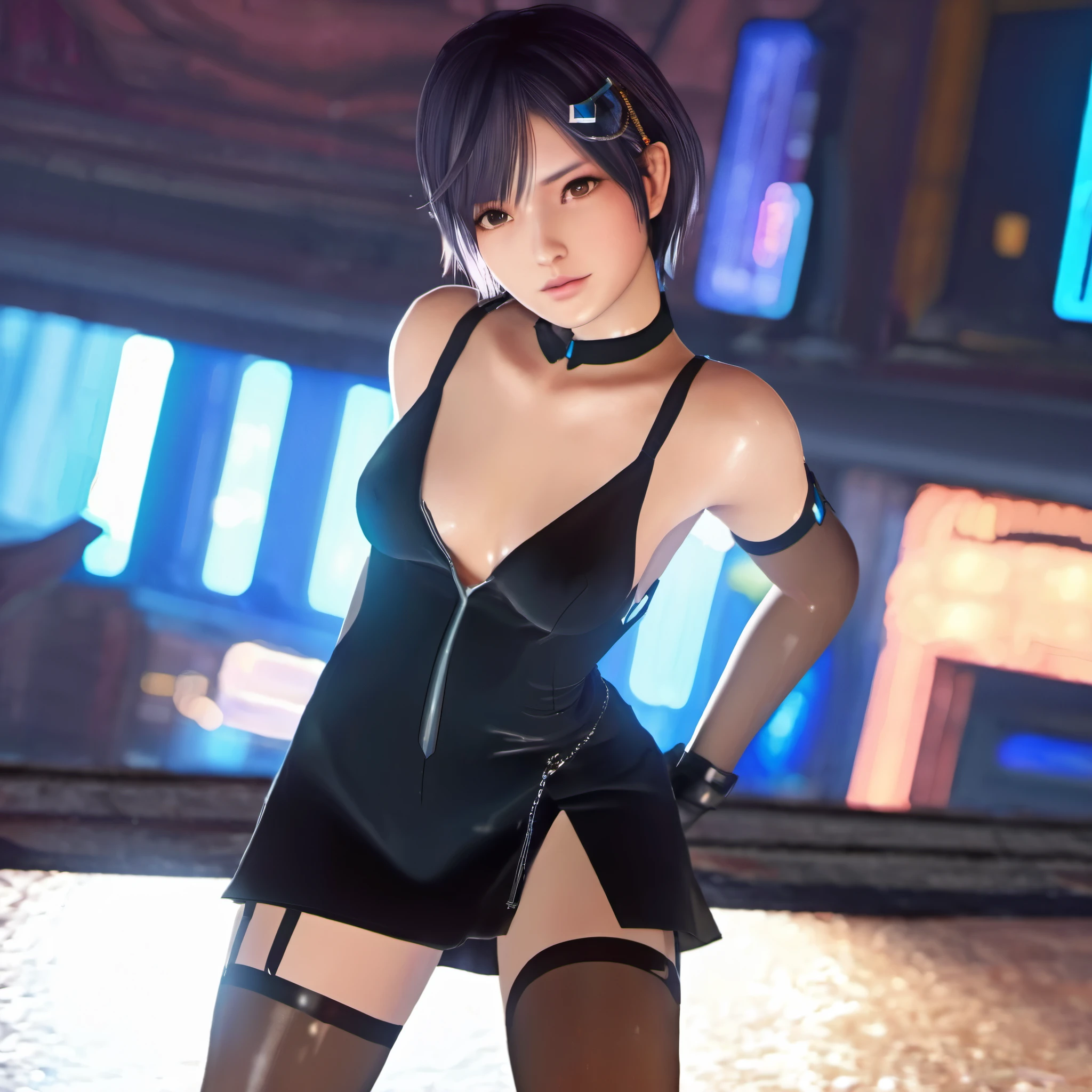 masterpiece, best quality, 1girl, nagisa, small breasts, short hair, evening gown, pantyhose, cleavage, looking at viewer, bare shoulders, cyberpunk background, dynamic pose, photography, warm light, cinematic lighting, from above, 