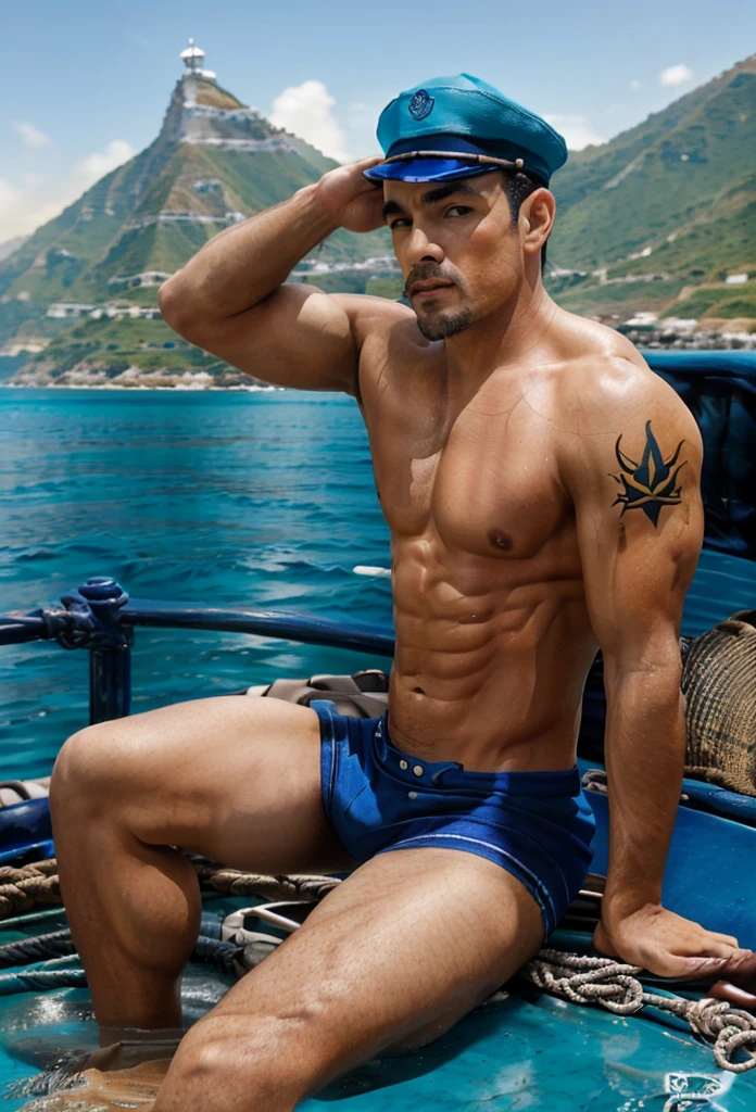 Very attractive sailor in his 40s, con musculos, tatuaje de ancla y sirena, fuma de una pipa, en la popa de un barco mira hacia la costa mientras se aleja el barco, con ojos melancolicos, con la camisa azul abierta con mucho vello en el pecho, bigote largo, y gorra de marinero.